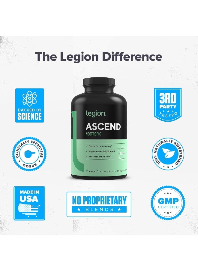 LEGION Athletics Ascend Nootropic - All-Natural Brain Supplements for Memory and Focus - Nootropics Brain Support Supplement with Alpha-GPC - Brain Supplement for Alertness & Mood Support, 30 Servings
