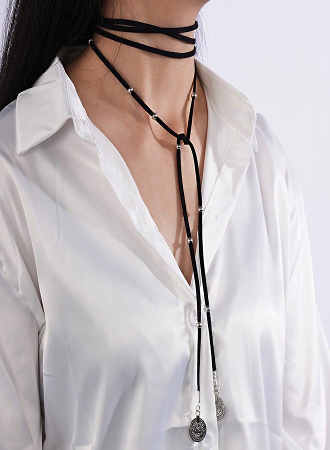 YERTTER Vintage Boho Long Tassel Rope Wrap Chain Bead Coin Pendant Chain Choker Necklace Women (Black) - Image 3