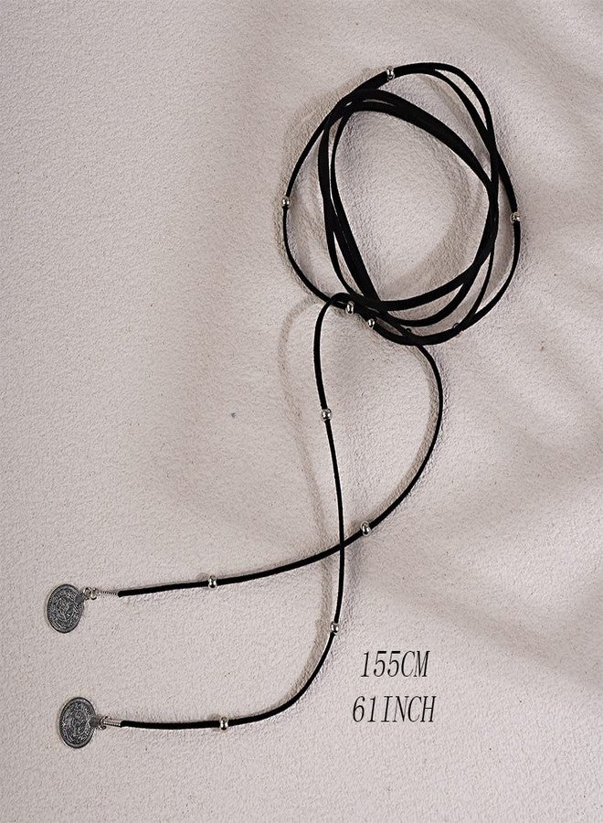 YERTTER Vintage Boho Long Tassel Rope Wrap Chain Bead Coin Pendant Chain Choker Necklace Women (Black) - Image 4