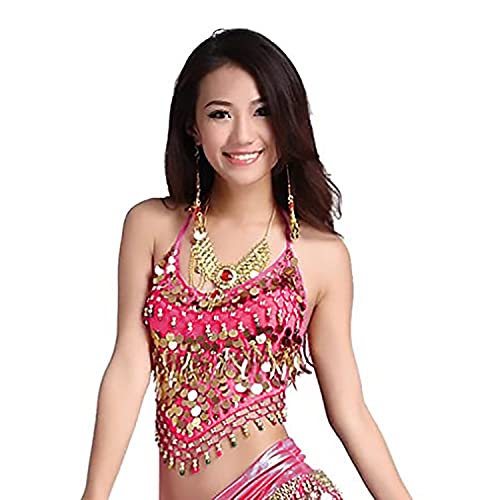 VRITRAZ Lady's Belly Dance Sequins Design Chiffon Bandage Top with Chest Pad Hanging Bells and Coins (Pink) | Women’s Dance Costume Crop Top for Party, Stage Performance, Cosplay & Festivals - Image 2