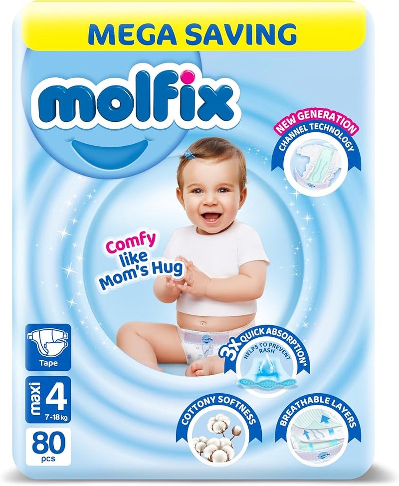 Molfix Baby Diaper Open Size 4, Mega Pack, 7-18 KG, 80 Units, Molfix Open Diapers, Size 4, 7-18KG, Mega Pack, 80 Count, Cotton Material