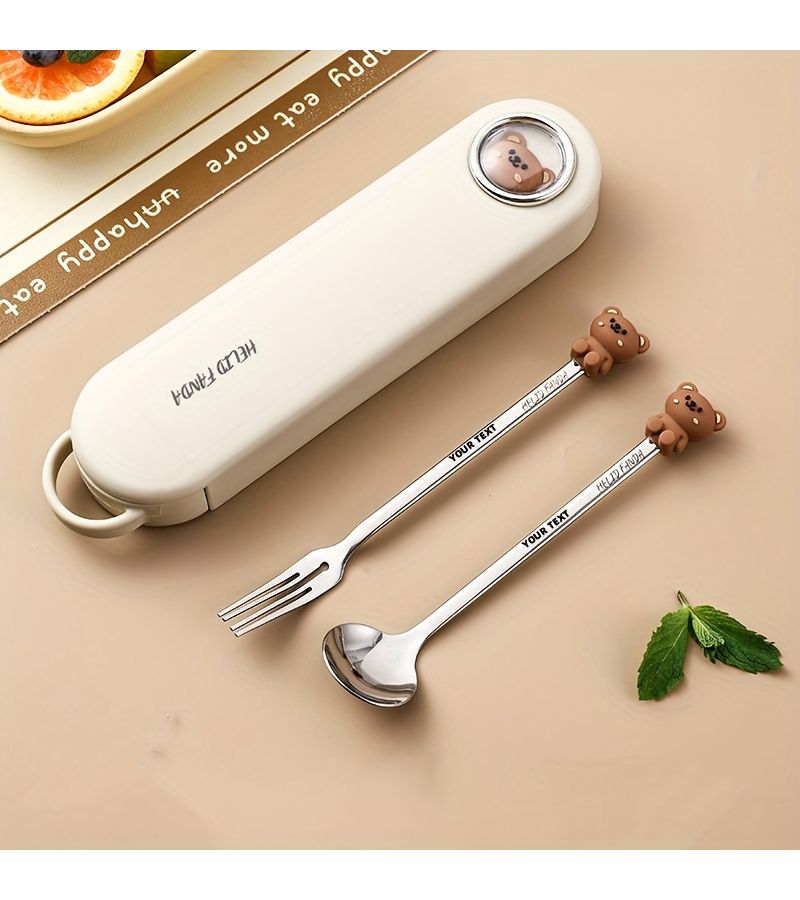 Stainless Steel He He Xiong Fork Spoon Set 4 Piece Box Cartoon Dessert Coffee Gift - Image 1