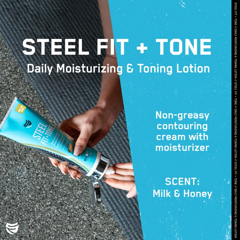 SteelFit لوشن الجسم ستيل فيت للتقوية - كريم مرطب وشد للبشرة للجسم - مزيل للسيلوليت للسيقان والبطن والبشرة المترهلة - مغذي بالكولاجين وزبدة الشيا والألوة فيرا - حليب وعسل - Image 2