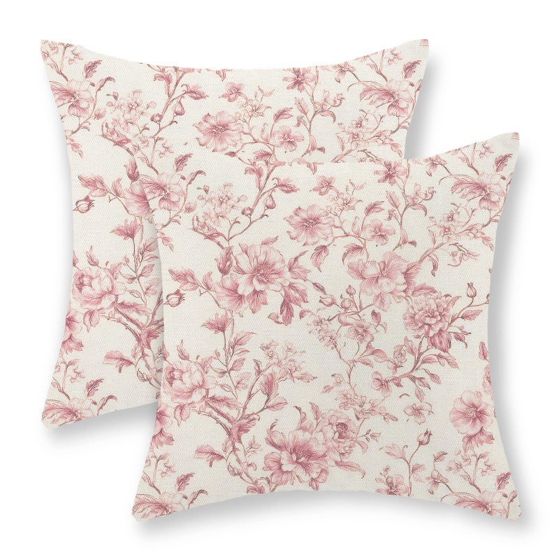 GOLIANDA Pink Pillow Covers 18x18 Set of 2 Pink and Cream Floral Chinoiserie Throw Pillows Vintage Rustic Toile Flower Decorative Pillowcase Outdoor Chinoiserie Decor Linen Cushion Case for Couch Sofa - Image 1