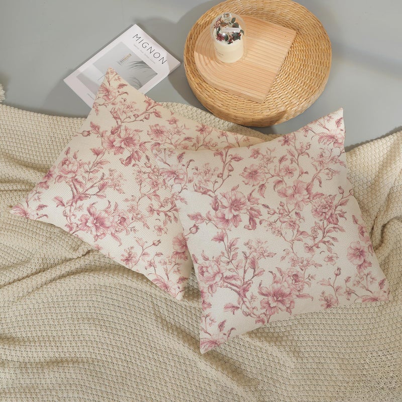 GOLIANDA Pink Pillow Covers 18x18 Set of 2 Pink and Cream Floral Chinoiserie Throw Pillows Vintage Rustic Toile Flower Decorative Pillowcase Outdoor Chinoiserie Decor Linen Cushion Case for Couch Sofa - Image 5