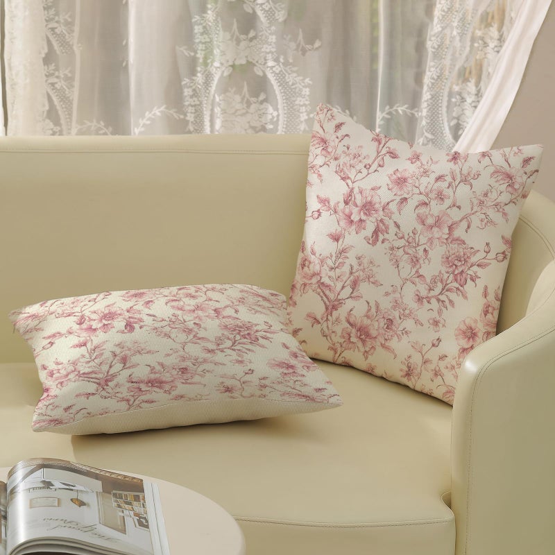 GOLIANDA Pink Pillow Covers 18x18 Set of 2 Pink and Cream Floral Chinoiserie Throw Pillows Vintage Rustic Toile Flower Decorative Pillowcase Outdoor Chinoiserie Decor Linen Cushion Case for Couch Sofa - Image 4