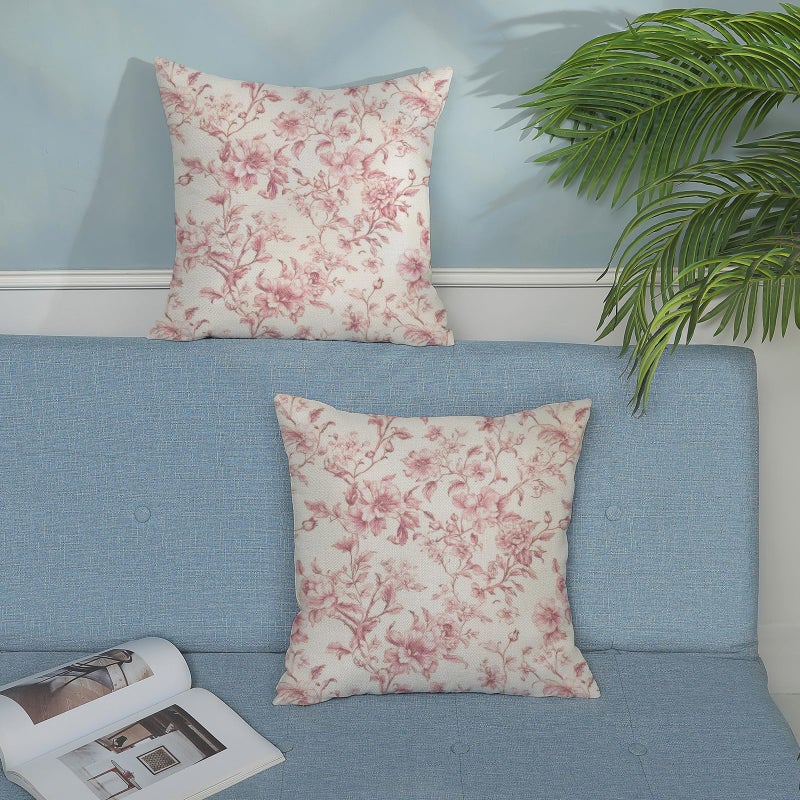 GOLIANDA Pink Pillow Covers 18x18 Set of 2 Pink and Cream Floral Chinoiserie Throw Pillows Vintage Rustic Toile Flower Decorative Pillowcase Outdoor Chinoiserie Decor Linen Cushion Case for Couch Sofa - Image 3