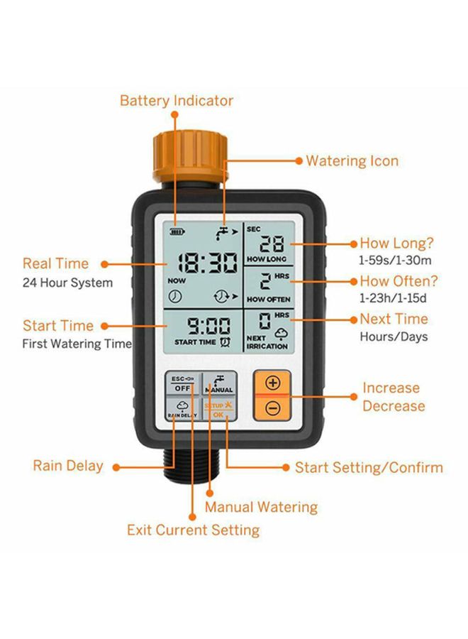 Loquat Water Irrigation Digital Timer Black/Orange 21.0x12.5x6.3cm - Image 2