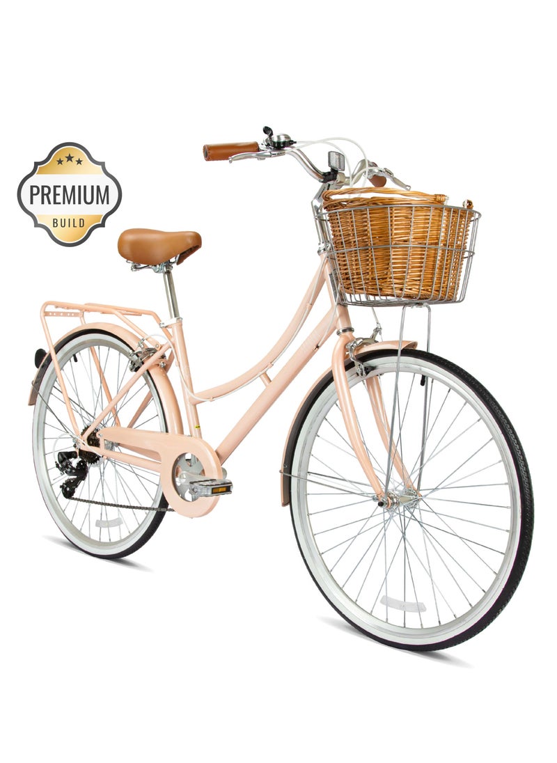 Spartan Platinum City Bike – 26 Inch – Bikes With Gears For Women – Cruiser Bicycle For Ladies – Includes Rear Rack, Vintage Basket And Stand, Comfort Saddle – Commuter Bicycles - Peach  - Image 1