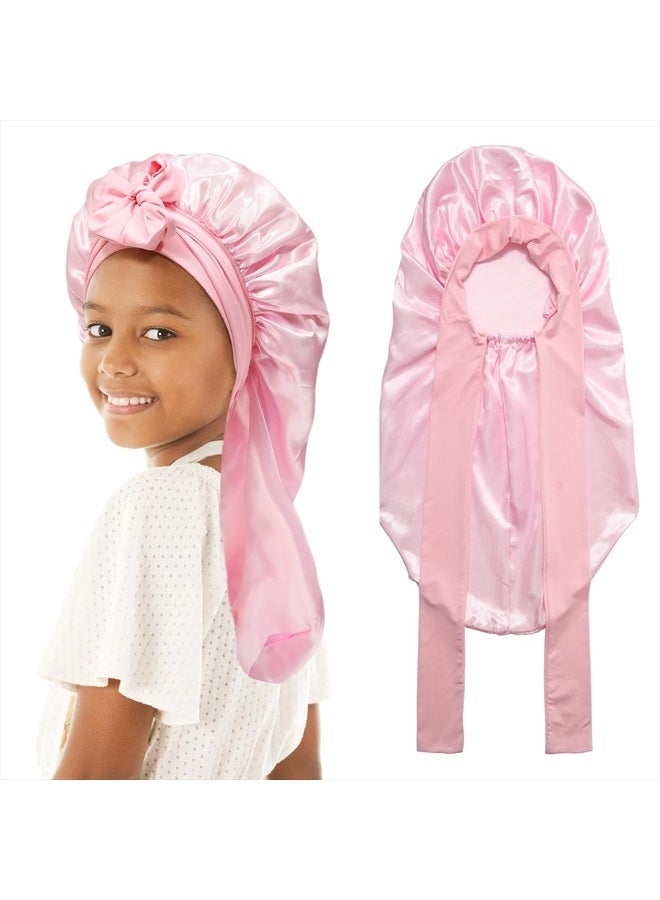 AWAYTR Kids Long Hair Bonnet for Sleeping - Double Layer Girls Elastic Satin Bonnet with Tie Band for Braid Curly Hair (Pink) - Image 1