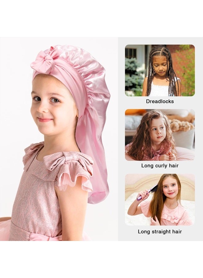 AWAYTR Kids Long Hair Bonnet for Sleeping - Double Layer Girls Elastic Satin Bonnet with Tie Band for Braid Curly Hair (Pink) - Image 5