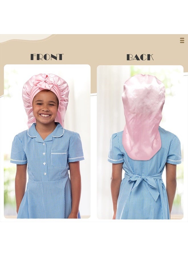 AWAYTR Kids Long Hair Bonnet for Sleeping - Double Layer Girls Elastic Satin Bonnet with Tie Band for Braid Curly Hair (Pink) - Image 2