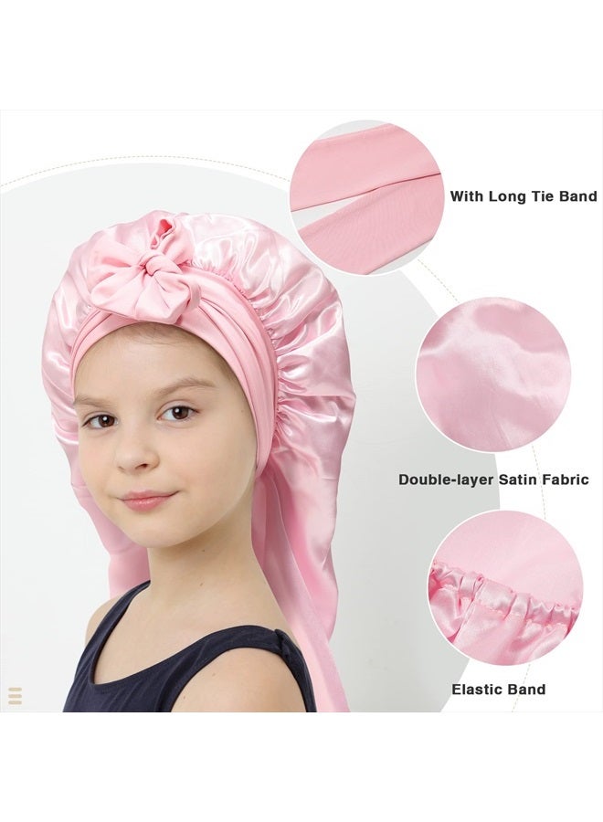 AWAYTR Kids Long Hair Bonnet for Sleeping - Double Layer Girls Elastic Satin Bonnet with Tie Band for Braid Curly Hair (Pink) - Image 4