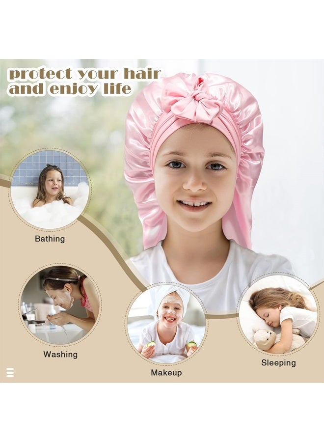 AWAYTR Kids Long Hair Bonnet for Sleeping - Double Layer Girls Elastic Satin Bonnet with Tie Band for Braid Curly Hair (Pink) - Image 3