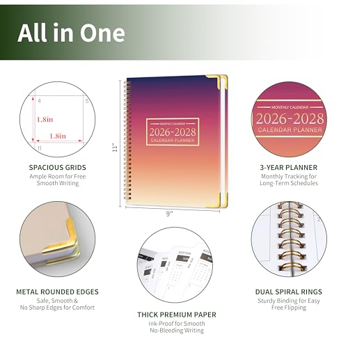 KAICN Monthly Planner 2026-2028, Hardcover 3 year calendar 2026-2027-2028 Calendar Book from Jan 2026 - Dec 2028, 9“ x 11”, Spiral Bound,Organizer for Office, School, and Home, Sunset - Image 2