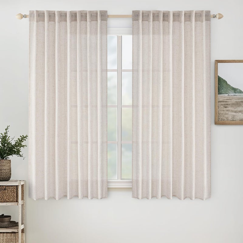Miulee White Linen Curtains 63 Inch Length 2 Panels For Bedroom Living Room  Soft Thick Linen Textured Natural Kitchen Window Drapes Semi Sheer Light Filtering Back Tab Rod Pocket Burlap Look Decor - Image 1