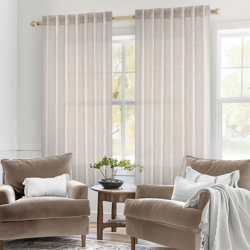 Miulee White Linen Curtains 63 Inch Length 2 Panels For Bedroom Living Room  Soft Thick Linen Textured Natural Kitchen Window Drapes Semi Sheer Light Filtering Back Tab Rod Pocket Burlap Look Decor - Image 2