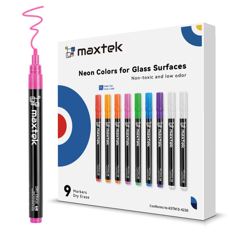 maxtek Neon Dry Erase Markers Fine Tip,Liquid Chalk Markers for Chalkboard,LED Note Board,Acrylic,First Day of School Board,Glass,Windows,1mm Fine Point,Assorted Colors,9 Count - Image 1