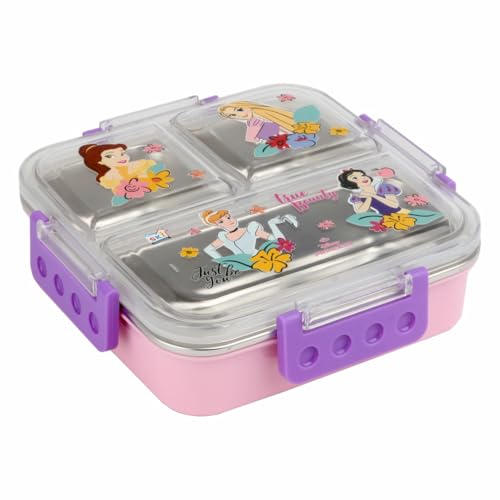 SKi Homeware Brunch Insulated Lunch Box | 3 Compartment Bento Box | Stainless Steel Interior | Embossed Print That Does not Fade | Leak-Proof & Sturdy Design | 600 ML (Princess) - Image 1