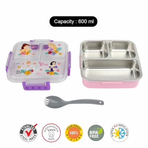 SKi Homeware Brunch Insulated Lunch Box | 3 Compartment Bento Box | Stainless Steel Interior | Embossed Print That Does not Fade | Leak-Proof & Sturdy Design | 600 ML (Princess) - Image 5