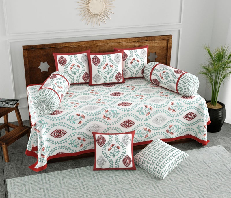 BLOCKS OF INDIA 200TC Diwan Set Cotton 8 Piece | Deewan Printed Bedsheet Sets for Living Room Hall (Set of 8 Piece, 1-Bed Sheet | 2-Bolster Cover | 5-Cushion Cover (Brick Motifs), White - Image 1