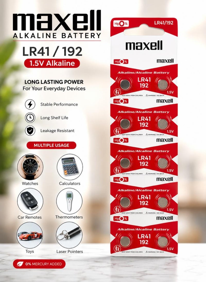 10 Pcs  Alkaline Coin Battery LR41 192 Alkaline Battery 1.5v (10Pcs)