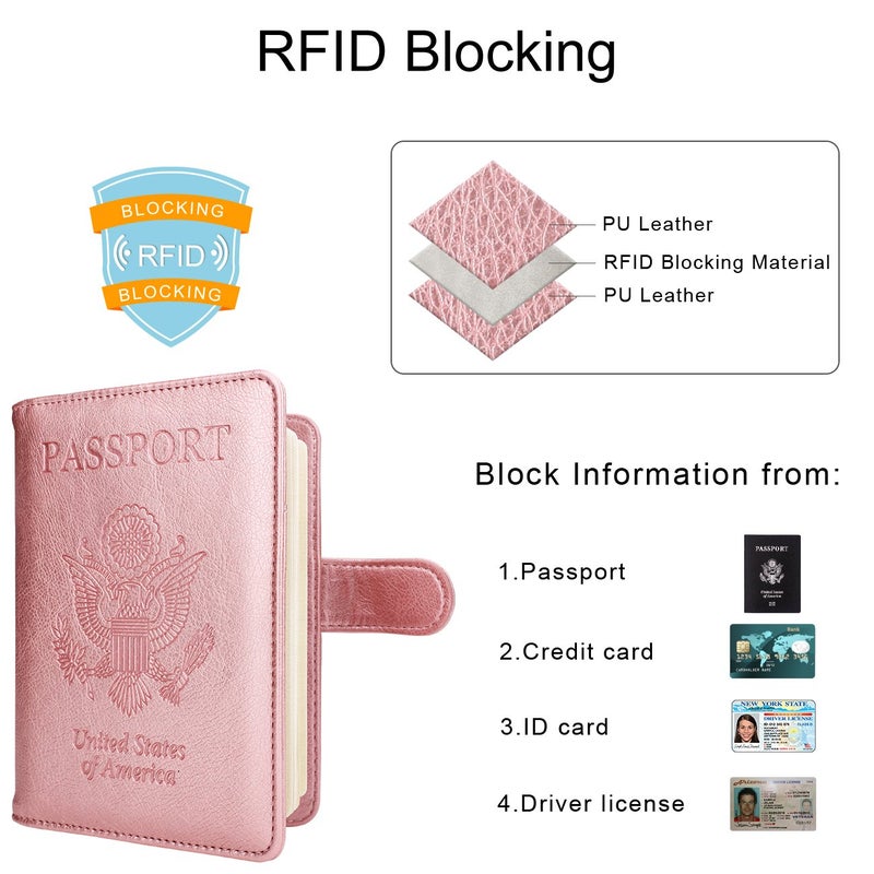 WALNEW حافظة جواز سفر WALNEW للسفر، غطاء جواز سفر RFID للنساء والرجال، حافظة جواز سفر جلد PU مع قلم (إغلاق بكلة، بكلة-وردي ذهبي) - Image 3
