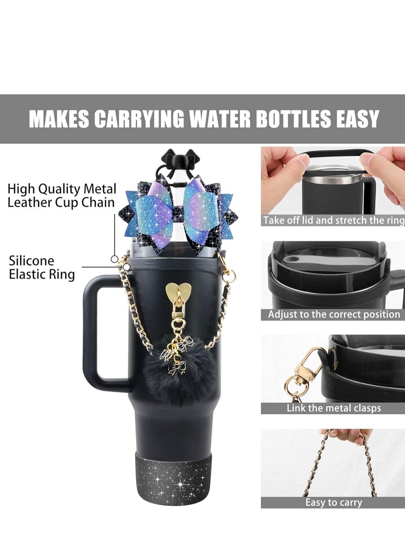 JOSQUEWNN Stanley Cup Accessories for 40oz and 30oz Tumbler including Silicone Cute Bow Straw Topper Cover,Silicone Stanley Cup Boot,Leather Water Bottle Handle Strap, Charms,Black.  - Image 2