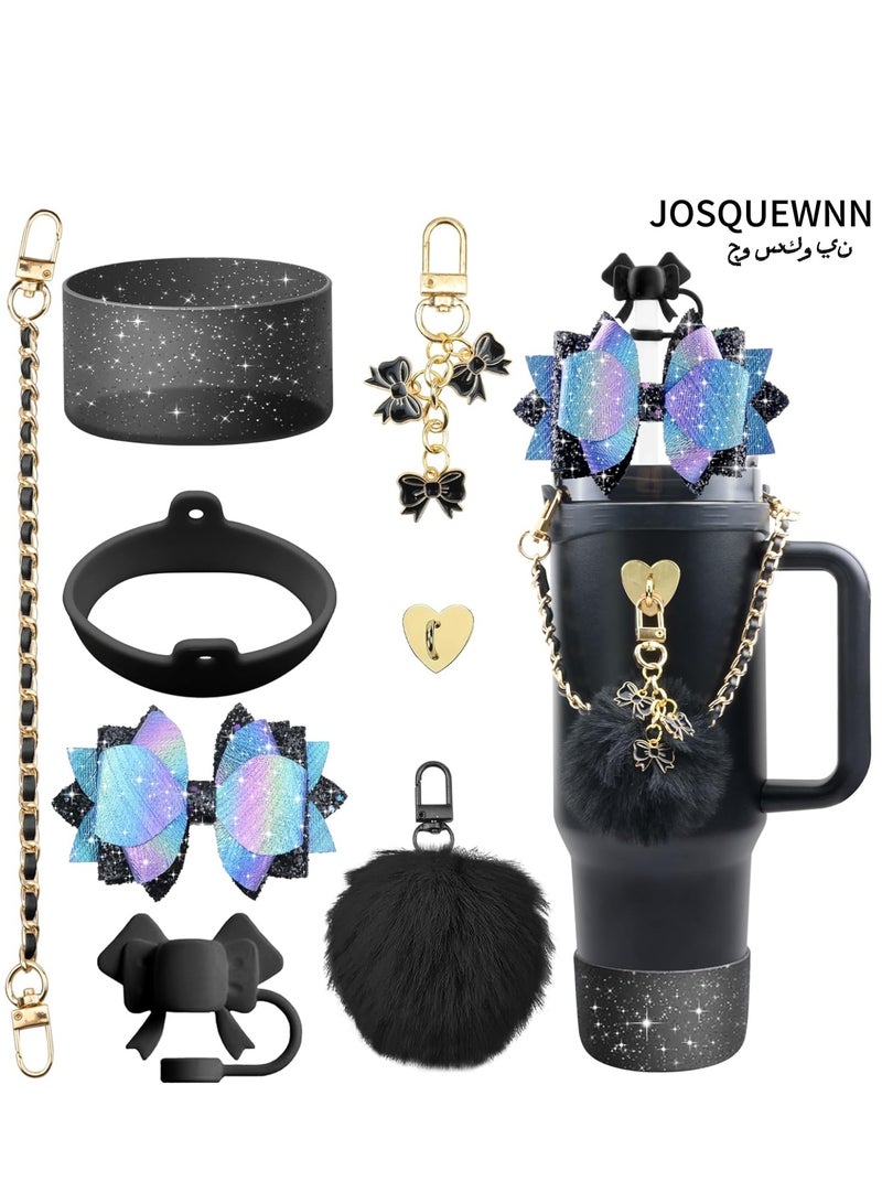 JOSQUEWNN Stanley Cup Accessories for 40oz and 30oz Tumbler including Silicone Cute Bow Straw Topper Cover,Silicone Stanley Cup Boot,Leather Water Bottle Handle Strap, Charms,Black.  - Image 1
