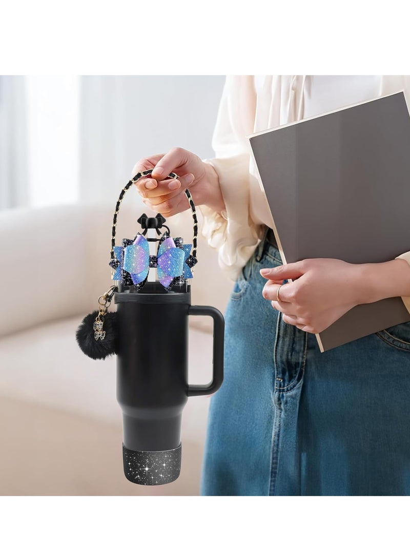 JOSQUEWNN Stanley Cup Accessories for 40oz and 30oz Tumbler including Silicone Cute Bow Straw Topper Cover,Silicone Stanley Cup Boot,Leather Water Bottle Handle Strap, Charms,Black.  - Image 3