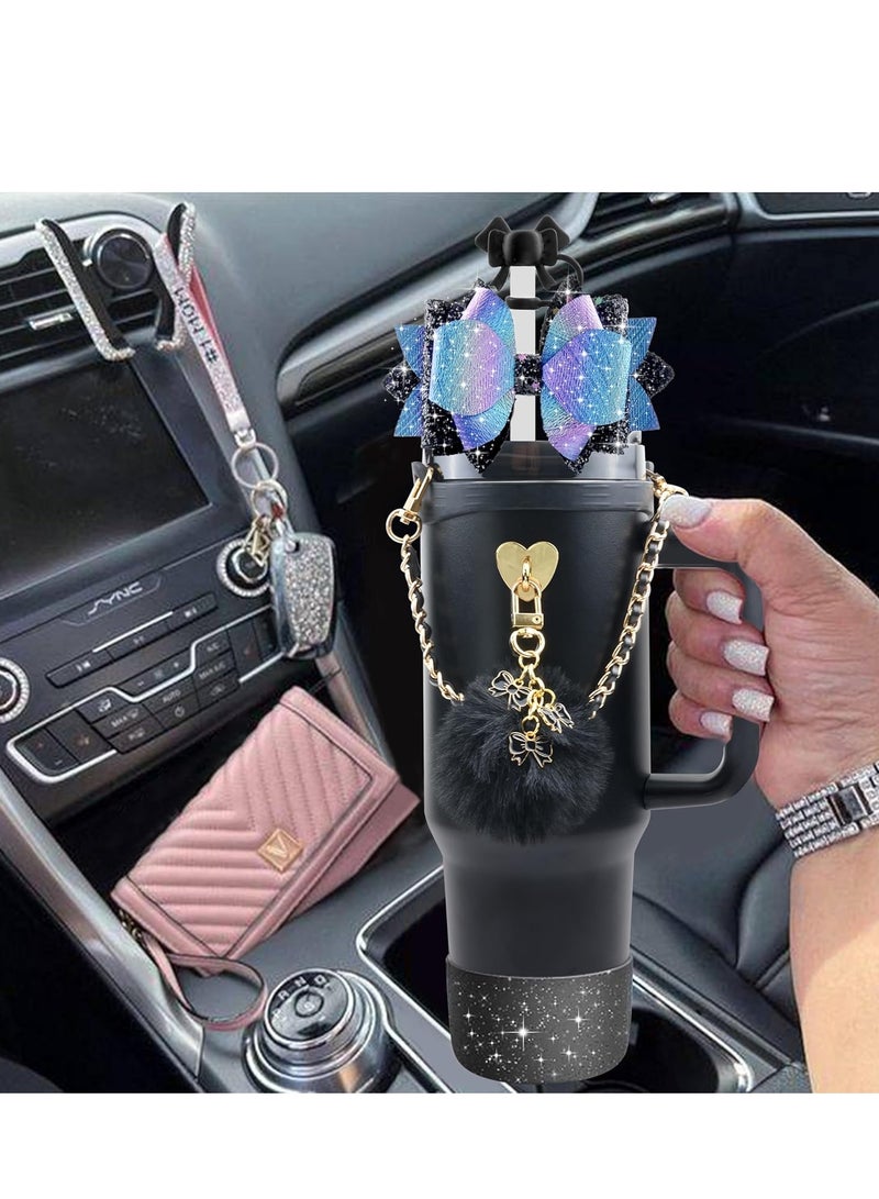 JOSQUEWNN Stanley Cup Accessories for 40oz and 30oz Tumbler including Silicone Cute Bow Straw Topper Cover,Silicone Stanley Cup Boot,Leather Water Bottle Handle Strap, Charms,Black.  - Image 4