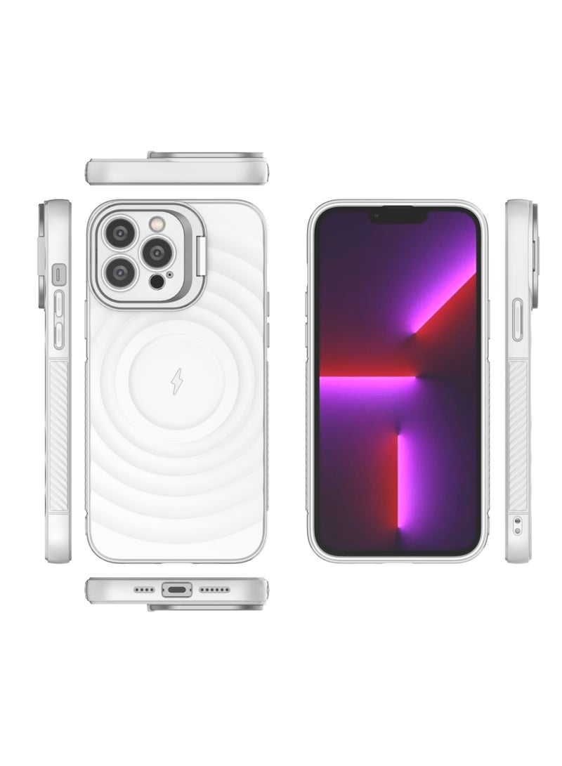 غطاء حمايه لهاتف ايفون 13 برو ماكس جراب ارمور مغناطيسي ياتي بحواف مرتفعة حول الشاشة وعدسة الكاميرا تساعد على منع الخدوش معا استاند للكاميرا - ابيض - Image 2