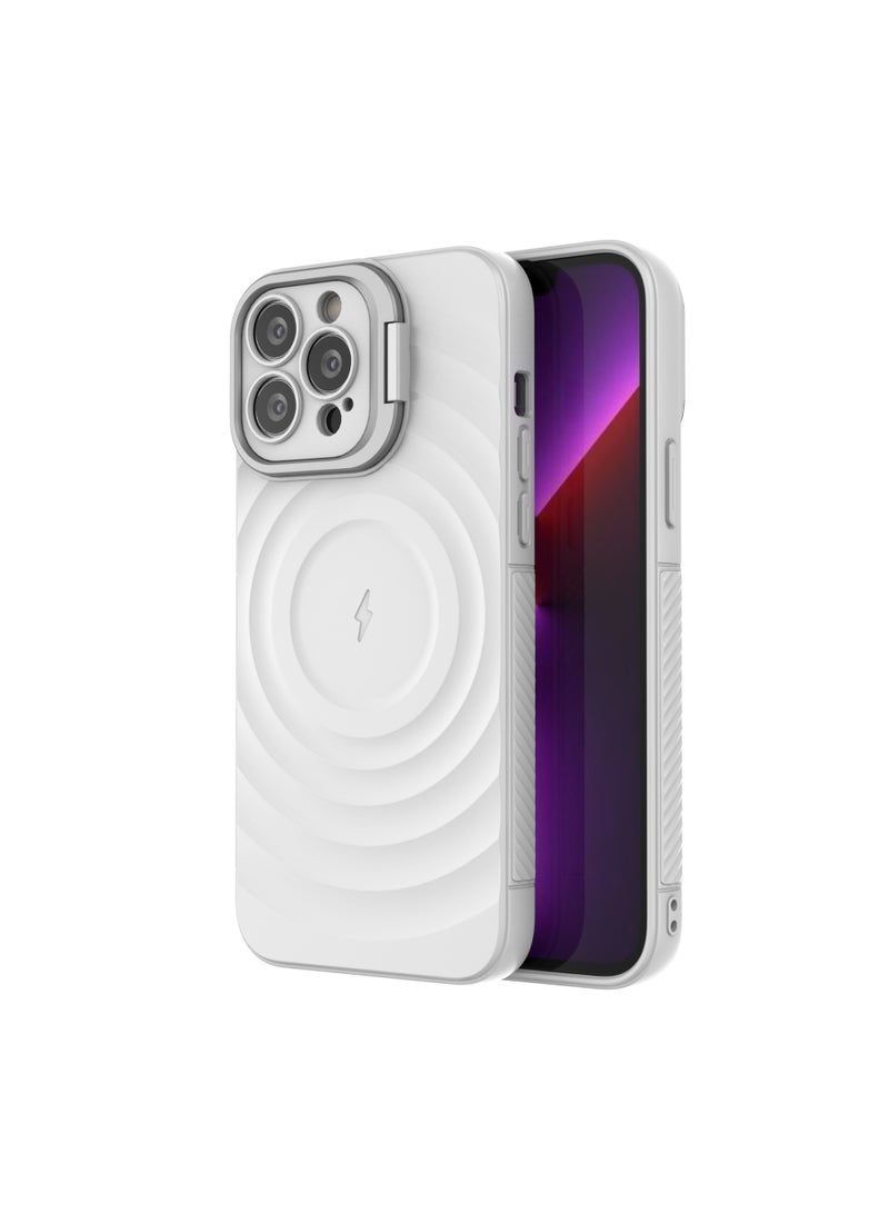 غطاء حمايه لهاتف ايفون 13 برو ماكس جراب ارمور مغناطيسي ياتي بحواف مرتفعة حول الشاشة وعدسة الكاميرا تساعد على منع الخدوش معا استاند للكاميرا - ابيض - Image 3