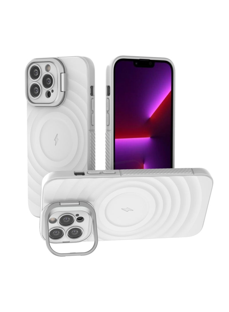 غطاء حمايه لهاتف ايفون 13 برو ماكس جراب ارمور مغناطيسي ياتي بحواف مرتفعة حول الشاشة وعدسة الكاميرا تساعد على منع الخدوش معا استاند للكاميرا - ابيض - Image 1