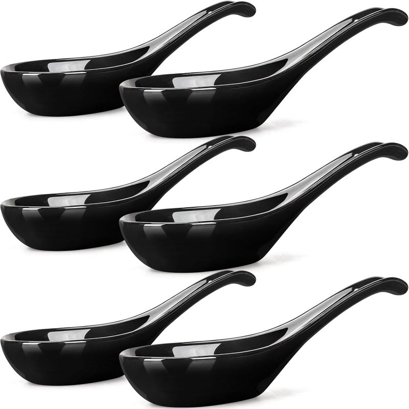 Wareland Asian Soup Spoons Set of 6, Ceramic Chinese Soup Spoons 7 Inch Japanese Spoon for Ramen Pho Dumpling Miso Wonton Noodles | Long Handle Flat Bottom Deep Oval Hook Design | Black - Image 1