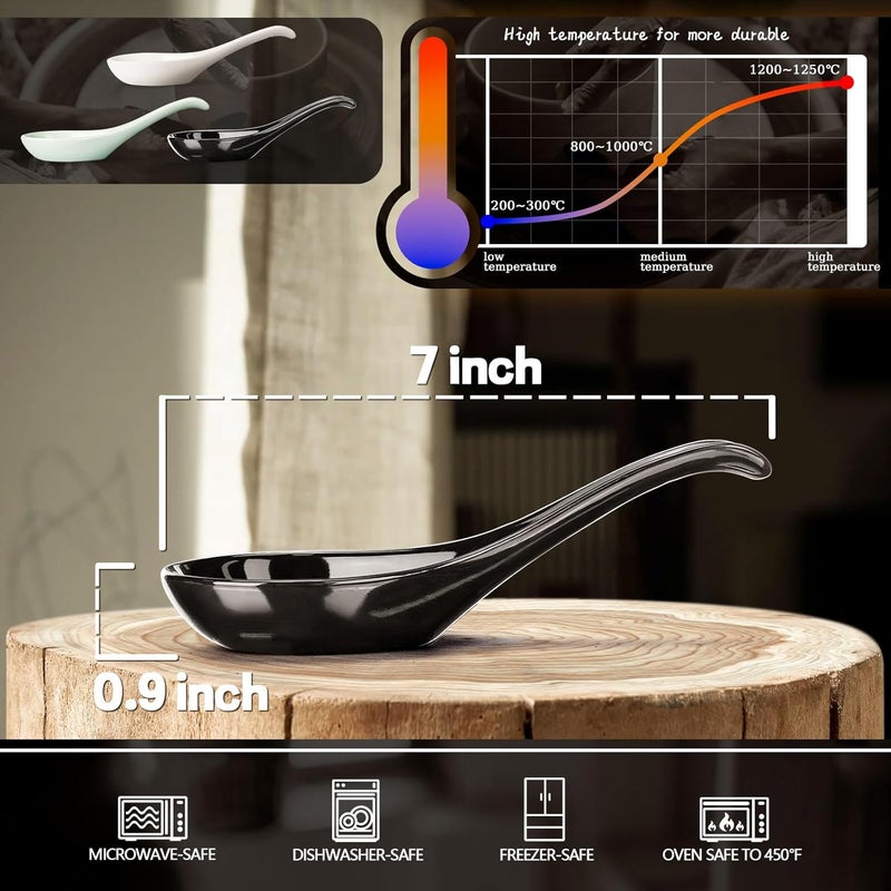 Wareland Asian Soup Spoons Set of 6, Ceramic Chinese Soup Spoons 7 Inch Japanese Spoon for Ramen Pho Dumpling Miso Wonton Noodles | Long Handle Flat Bottom Deep Oval Hook Design | Black - Image 2