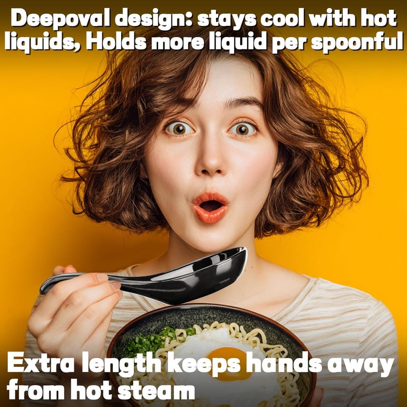 Wareland Asian Soup Spoons Set of 6, Ceramic Chinese Soup Spoons 7 Inch Japanese Spoon for Ramen Pho Dumpling Miso Wonton Noodles | Long Handle Flat Bottom Deep Oval Hook Design | Black - Image 3
