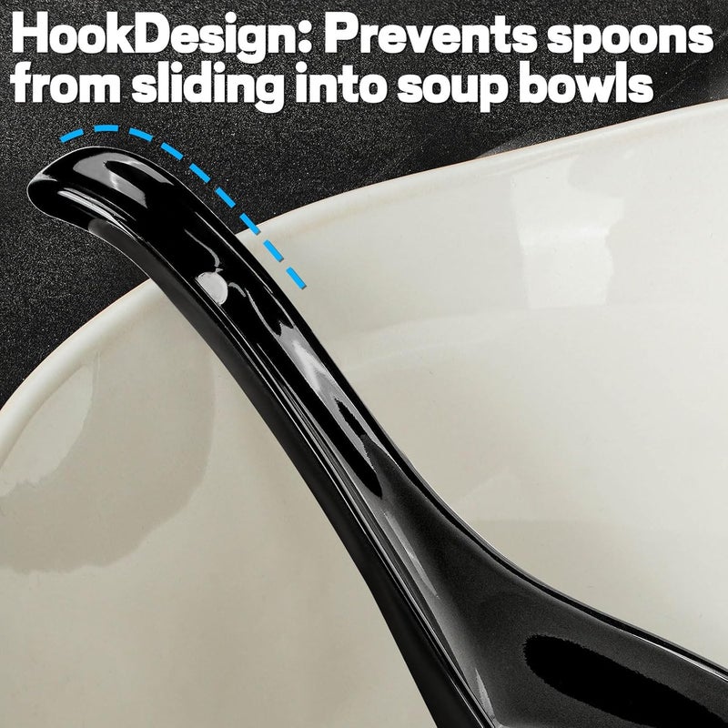 Wareland Asian Soup Spoons Set of 6, Ceramic Chinese Soup Spoons 7 Inch Japanese Spoon for Ramen Pho Dumpling Miso Wonton Noodles | Long Handle Flat Bottom Deep Oval Hook Design | Black - Image 4
