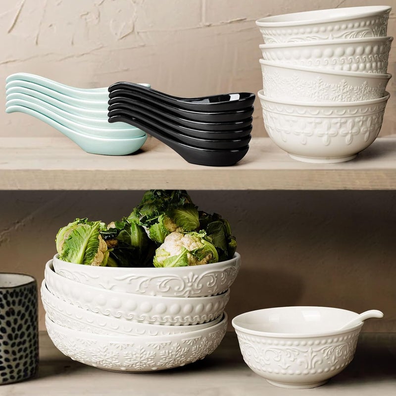Wareland Asian Soup Spoons Set of 6, Ceramic Chinese Soup Spoons 7 Inch Japanese Spoon for Ramen Pho Dumpling Miso Wonton Noodles | Long Handle Flat Bottom Deep Oval Hook Design | Black - Image 5