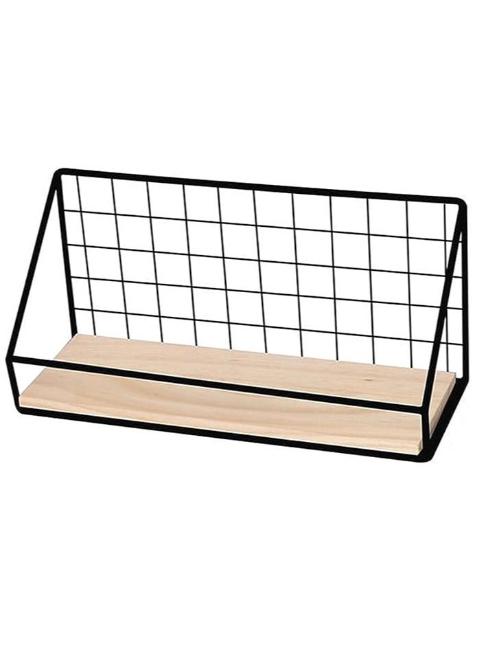 Arabest 9.5'' Metal Wall Mounted Shelf Storage Basket with Wood Base No Drill Wall-Mount Shelf for Home Cameras, Household Clutter Storage,Handmade Model Display (Black)  - Image 1