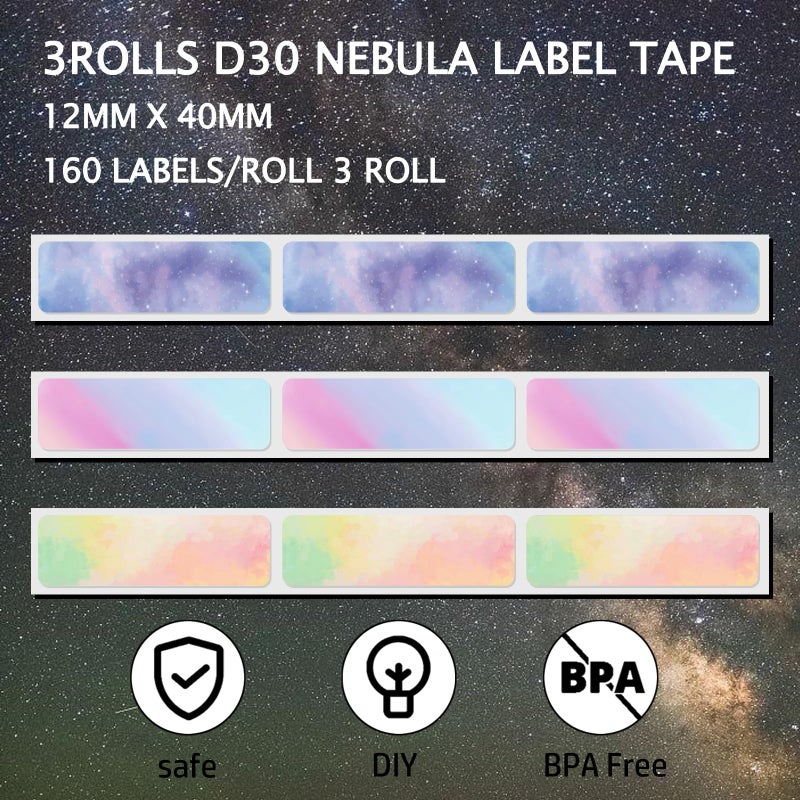 MIARALA 960 Pcs MIARALA Nebula/Galaxy Series D30 Label Tape 12mmÃ—40mm(0.47"x1.57"), D30 Label Maker Tape Self-Adhesive Label Tape for D30 Printer, 6 Rolls - Image 2