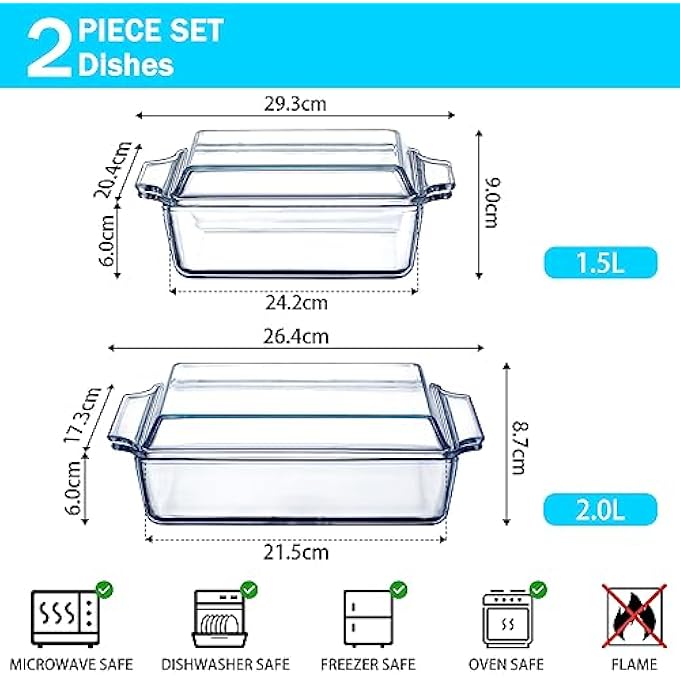 rayihni Set Of 2 15 L  2 L Rectangular Glass Casserole Dish With Lid Oven Safe - Image 3