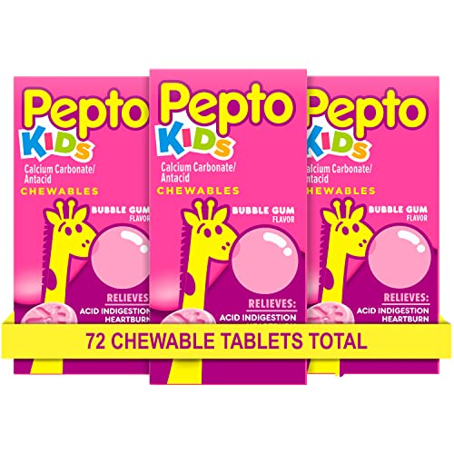 Pepto Bismol Pepto Kid's Chewable Tablets for Heartburn, Acid Indigestion, Sour Stomach, and Upset Stomach, Bubblegum Flavor, 72 Total (3 Packs of 24) - Image 1