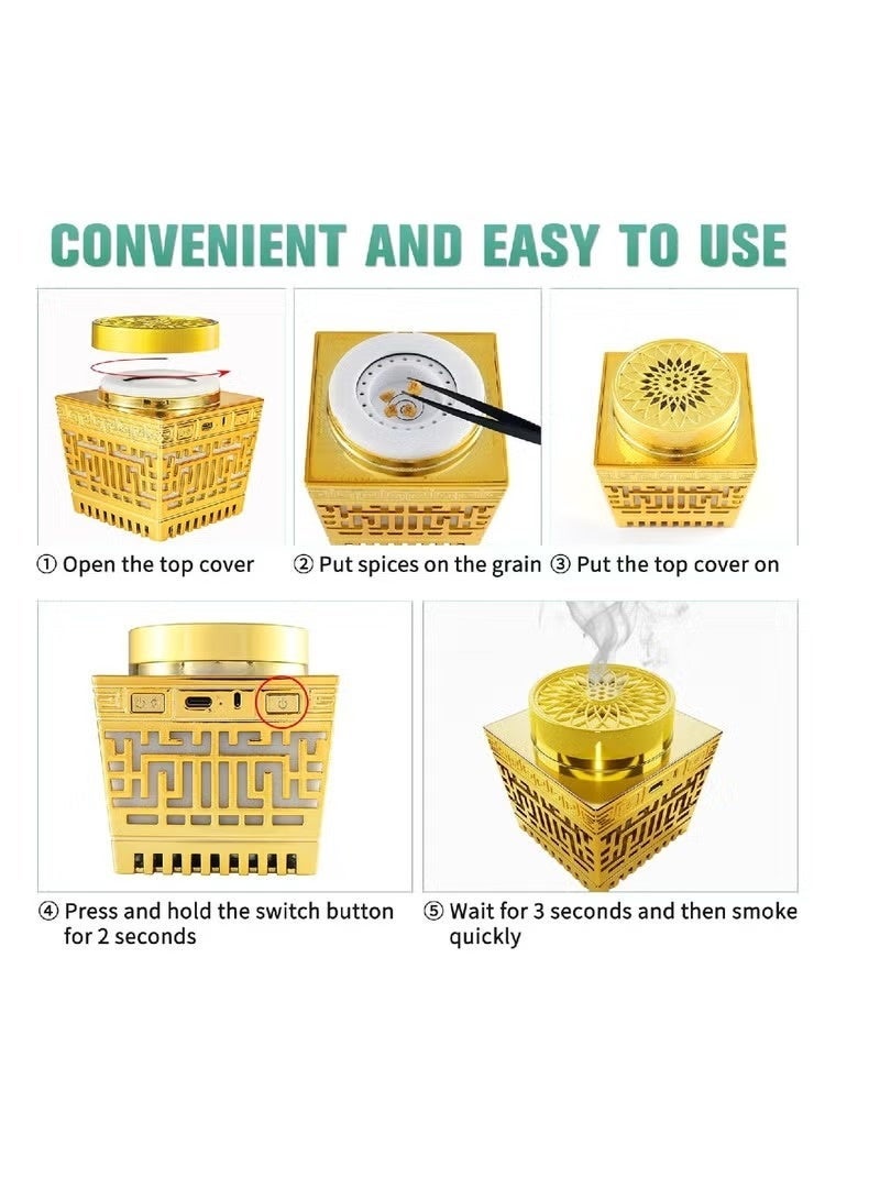 Telawah Quran Speaker & Mini Incense Burner Bakhoor Remote Control With 114 Quran Chapters Multicolor Changing Bluetooth Speaker Night Light With 18 Reciters And 17 Translations Bukhoor Burner (Gold) - Image 3