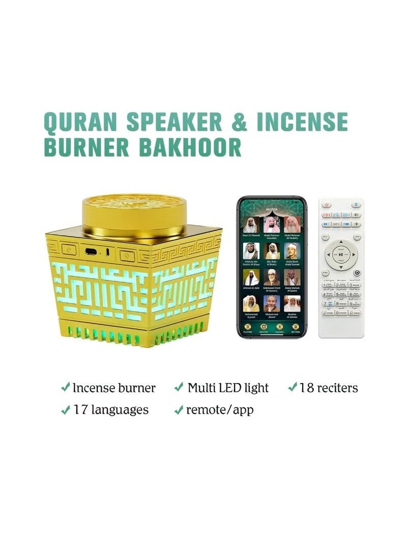 Telawah Quran Speaker & Mini Incense Burner Bakhoor Remote Control With 114 Quran Chapters Multicolor Changing Bluetooth Speaker Night Light With 18 Reciters And 17 Translations Bukhoor Burner (Gold) - Image 2
