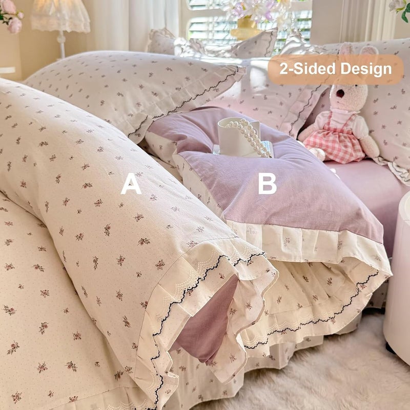 AMZTOP Floral Duvet Covers Queen Size 100% Cotton Lace Ruffle Fringe Skin Friendly Princess Bedding Set with Zipper,3Pcs Romantic Aesthetic Comforter Covers 90"X90",1 Duvet Cover and 2 Pillowcases - Image 5