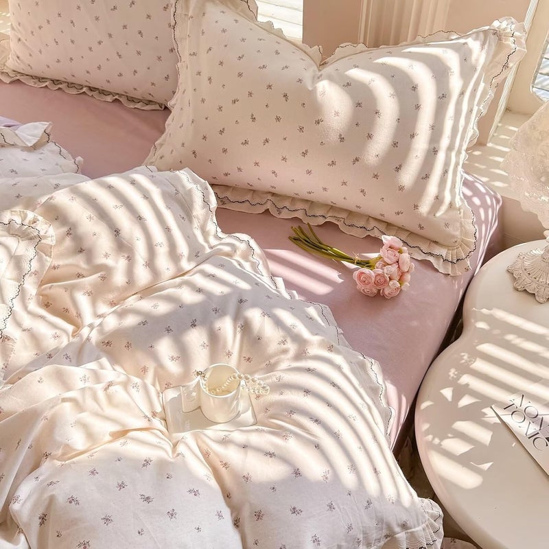 AMZTOP Floral Duvet Covers Queen Size 100% Cotton Lace Ruffle Fringe Skin Friendly Princess Bedding Set with Zipper,3Pcs Romantic Aesthetic Comforter Covers 90"X90",1 Duvet Cover and 2 Pillowcases - Image 1