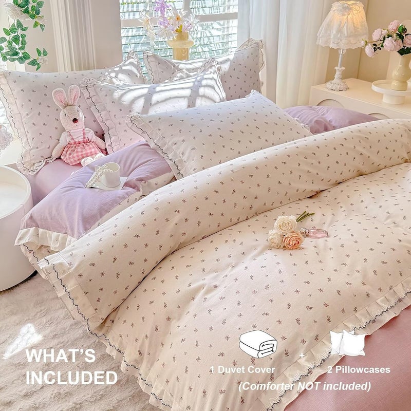 AMZTOP Floral Duvet Covers Queen Size 100% Cotton Lace Ruffle Fringe Skin Friendly Princess Bedding Set with Zipper,3Pcs Romantic Aesthetic Comforter Covers 90"X90",1 Duvet Cover and 2 Pillowcases - Image 2