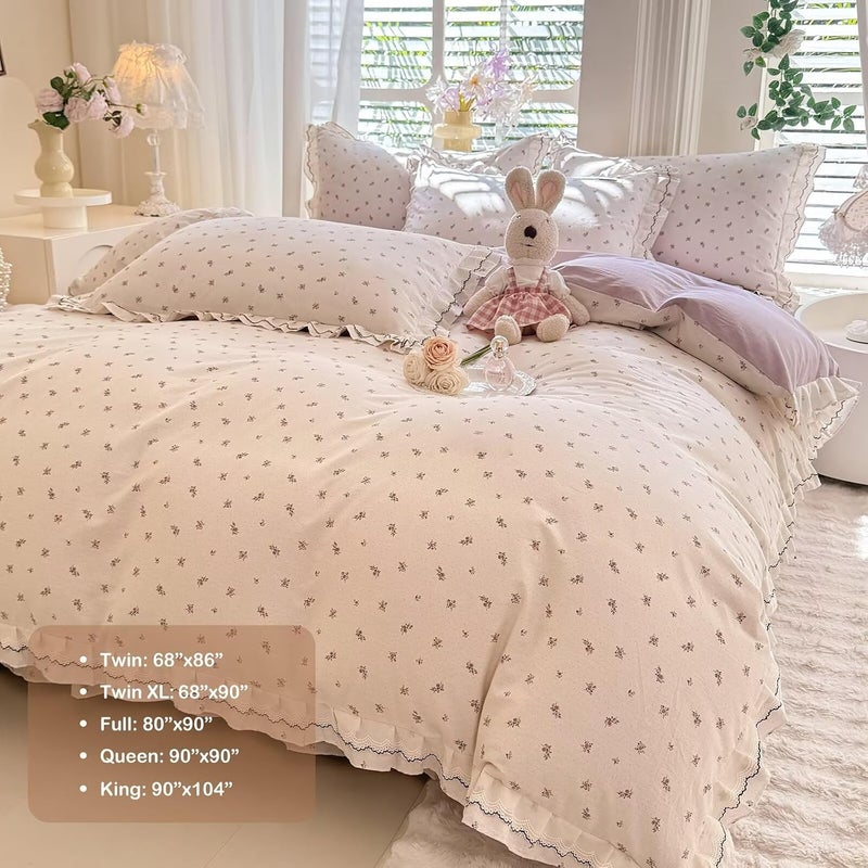 AMZTOP Floral Duvet Covers Queen Size 100% Cotton Lace Ruffle Fringe Skin Friendly Princess Bedding Set with Zipper,3Pcs Romantic Aesthetic Comforter Covers 90"X90",1 Duvet Cover and 2 Pillowcases - Image 4