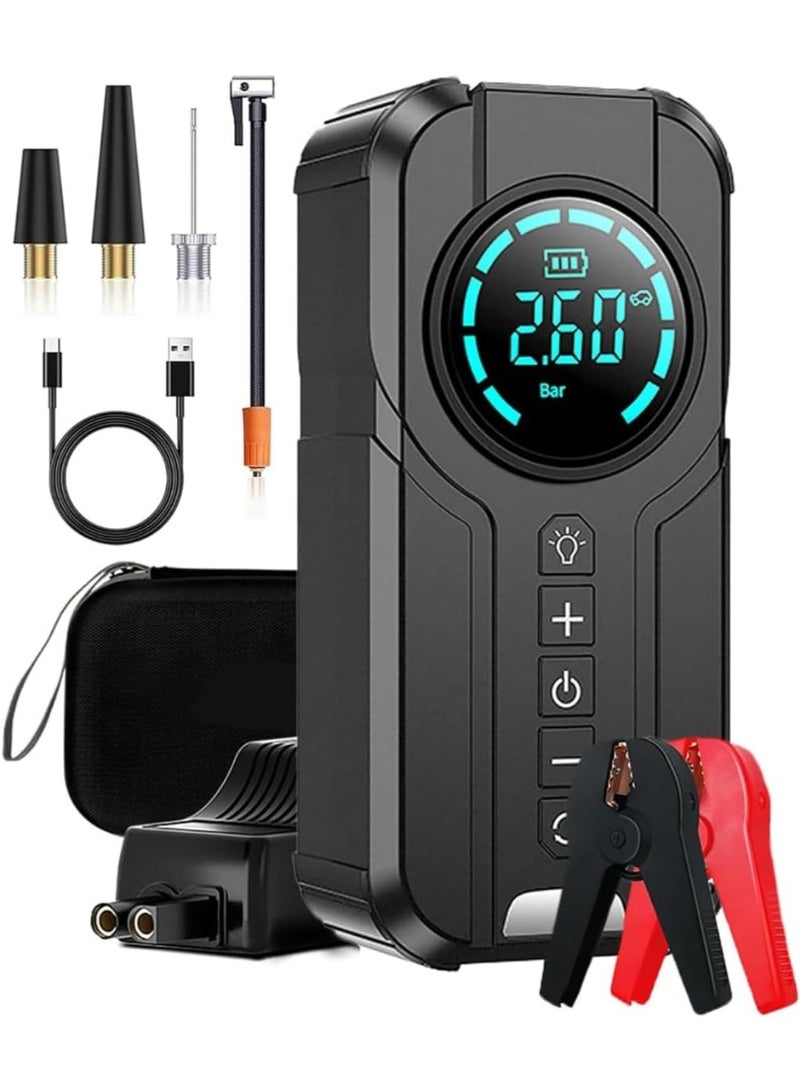 MUNTAQI Car Jump Starter with Air Compressor – 12000mAh Portable Lithium Battery Booster, 1000A Peak Power Bank for 12V Cars, Emergency Jumper Starter with LED Light & USB Charging Ports - Image 1